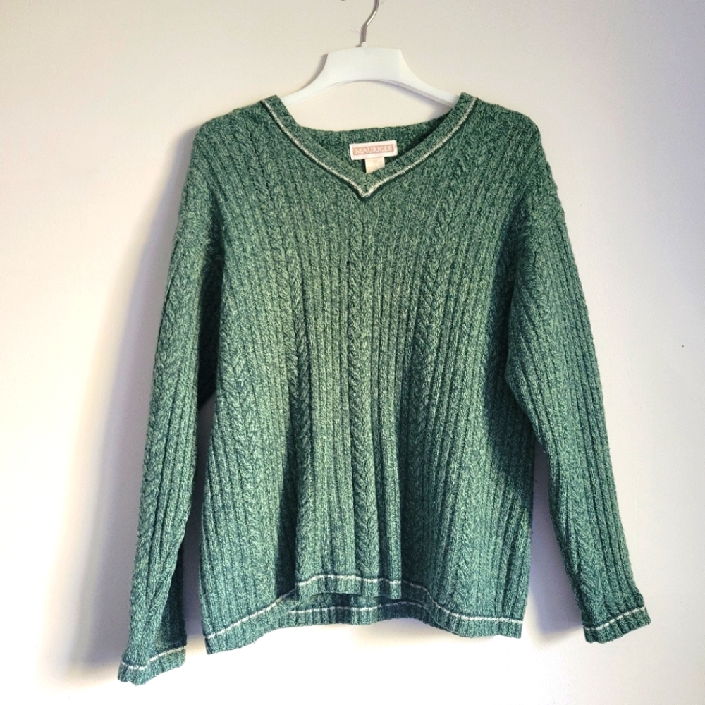 Y2K MAURICES Shetland Wool Kelly Green V-Neck Fisherman Cable Knit Sweater Large